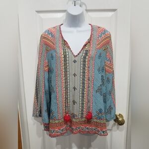 Tolani Blue and Red Graphic Tunic with Cream V-Neckline